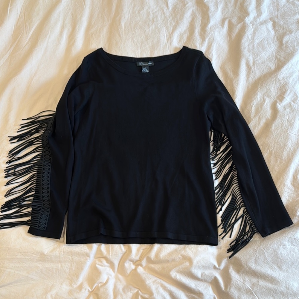 INC International Concepts Black Crew Neck with Fringe